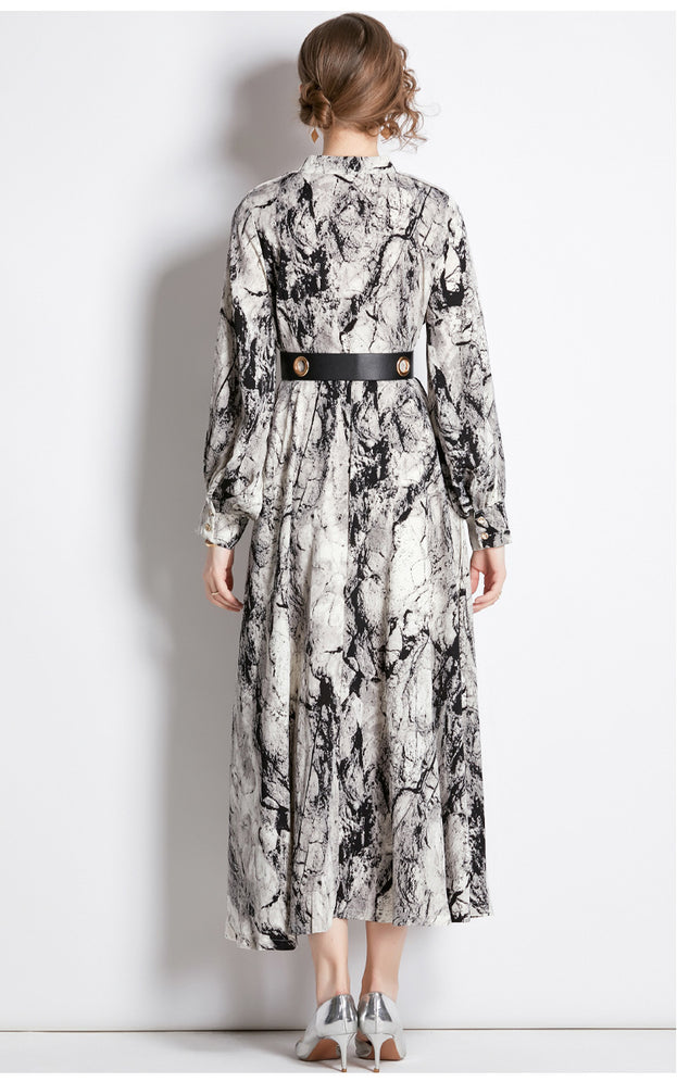 Temperament Fashion Vintage Print Long-Sleeved Dress Slim and Slimming Long Skirt