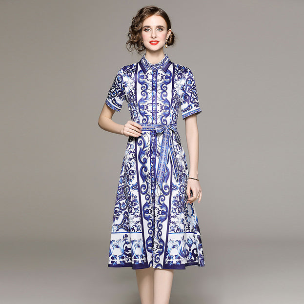 Fashion All-in-One Collection Waist Slimming Positioning Printed Dress with Belt