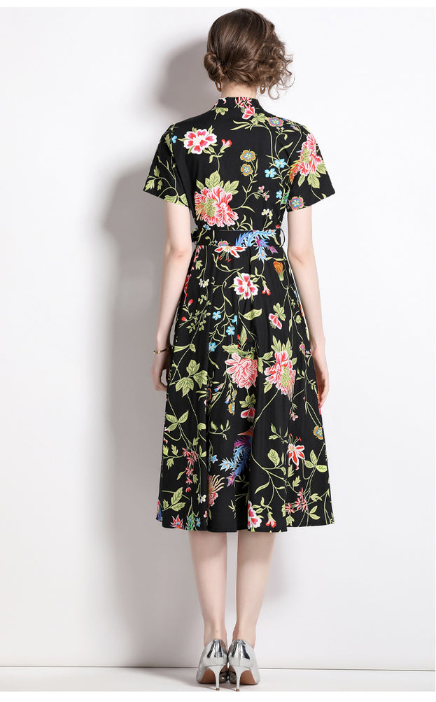 Vintage Printed Short-Sleeved Slim-Fit Mid-Length Large-Swing Dress