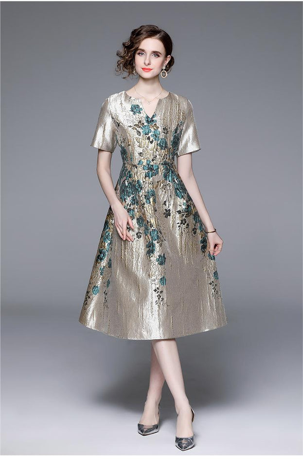 High Waist Big Swing Temperament Jacquard V-Neck Short Sleeve Slim Mid-Length Dress