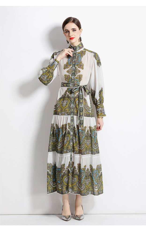Vintage Print Long-Sleeved Full-Length Skirt Fashion Single-Breasted Stand-Up Collar Dress