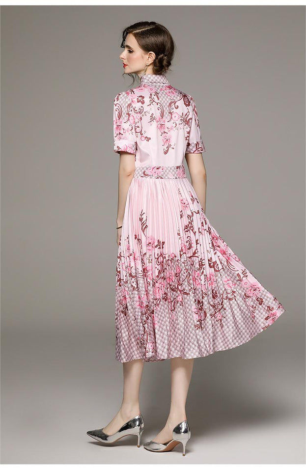 Fashion All-in-one Folded Waist Slimming Positioning Printed Short Sleeve Pleated Dress