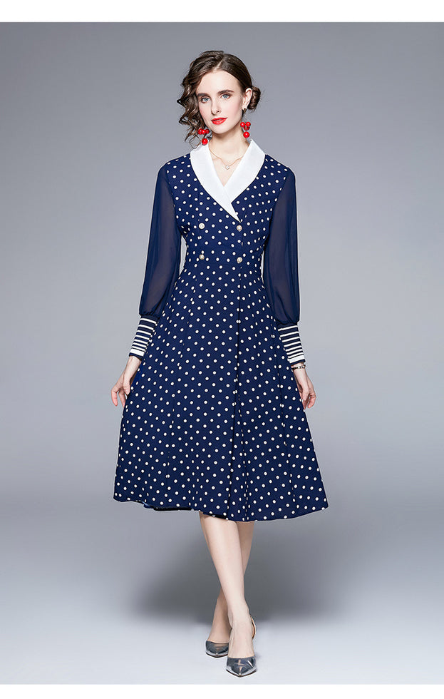 Polka-Dot Chiffon Long-Sleeved Dress