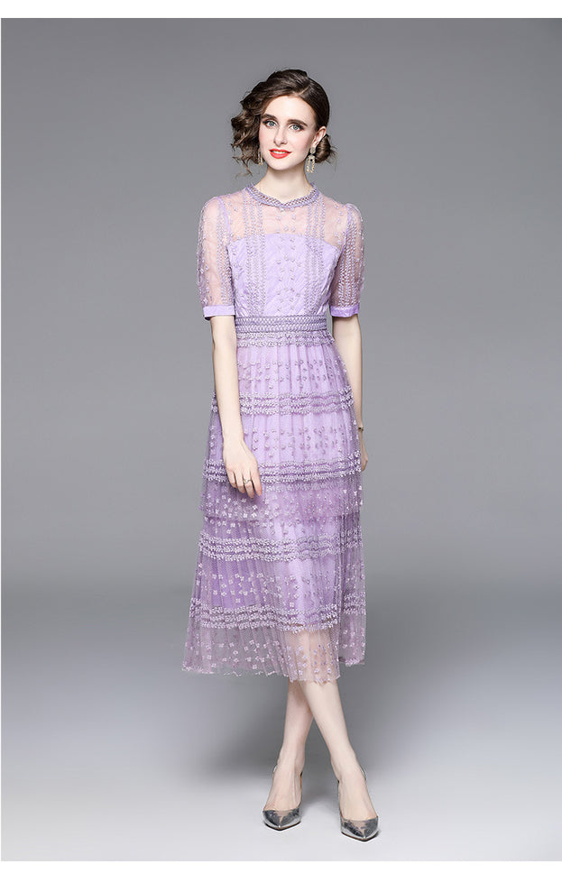 Lace Stitching Mesh Embroidered Crewneck Sexy Short Sleeved Long Skirt Slim Dress