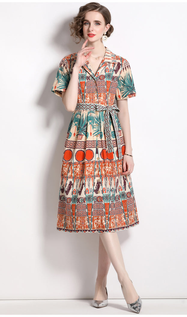 Vintage Printed Single Breasted Lace-Up Waist A-Line Skirt Short Sleeved Dress