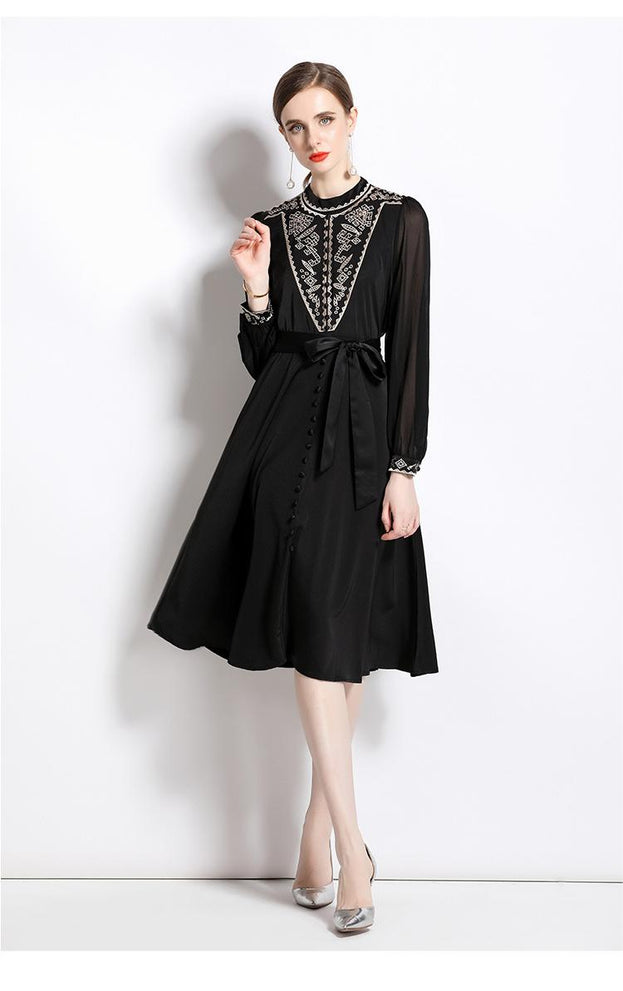 Embroidered Small Stand Collar Bubble Sleeve MIDI Skirt Temperament Waist Slimming Large Swing Dress