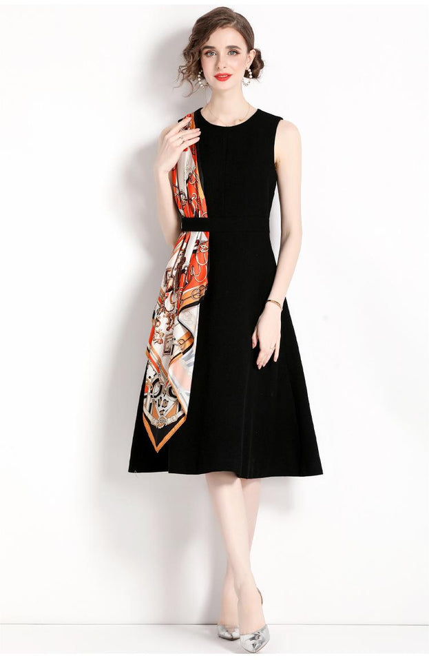 Vintage Print Patchwork High-Waisted Slim Sleeveless Dress A-Line MIDI Skirt