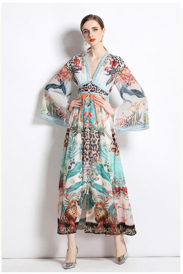 V-Neck Long-Sleeved Chiffon Fashion Resort Style Retro Full-Length Skirt Dress