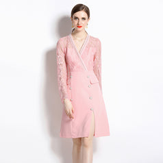 Light Ripe Temperament Pink V-Neck Long-Sleeved Dress Tucked in Waist Slit Skirt
