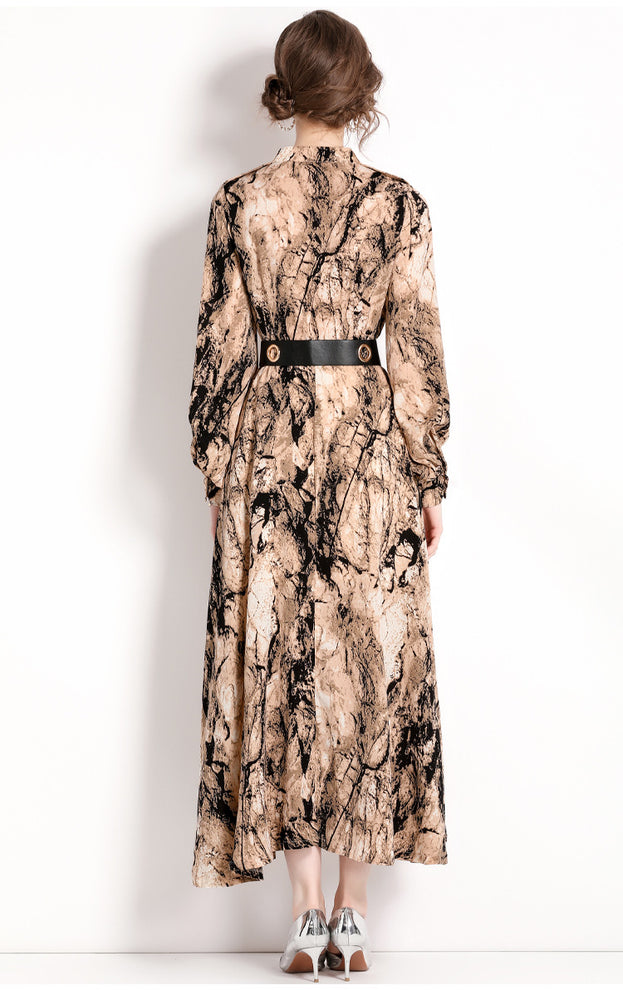 Temperament Fashion Vintage Print Long-Sleeved Dress Slim and Slimming Long Skirt