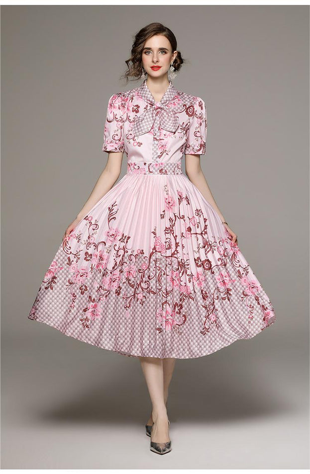 Fashion All-in-one Folded Waist Slimming Positioning Printed Short Sleeve Pleated Dress
