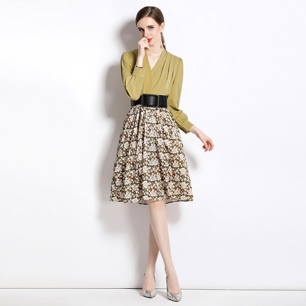 Temperament Waist Slimming V-Neck Long Sleeve MIDI Dress Vintage Print