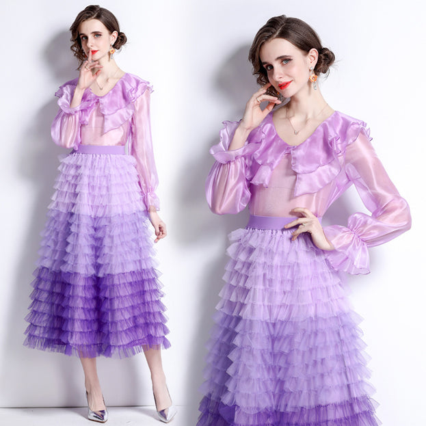 Sweet Peplum Top and Gradient Color Mesh Cake Skirt Suit