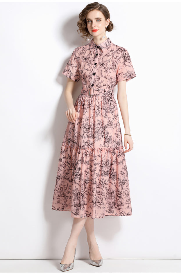 Temperament Vintage Print Short Sleeve Large Swing Slim Lapel Long Skirt Dress