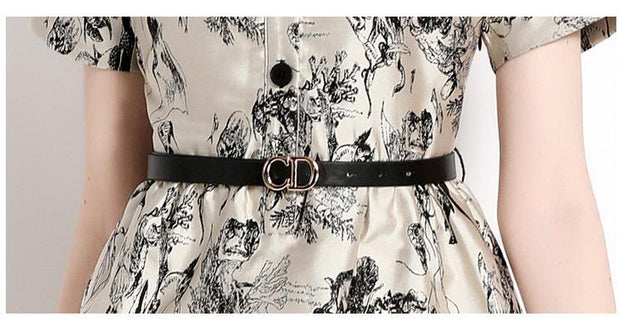 Temperament Vintage Jacquard Lapel Short Sleeve Slim Look Slim Mid-Skirt Dress
