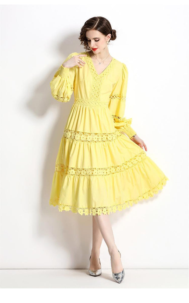 V-Neck Lantern Sleeve Temperament Water-Soluble Lace Stitching Mid-Length Dress