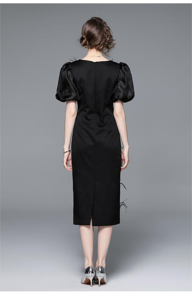 Fashion New Women's Temperament Nail Beads Elegant Thin Slim Mid-Length Short-Sleeved Dress