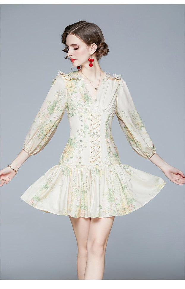 French Retro Palace Style Belt Waist Binding Waist Slimming Floral V-Neck Nine-Point Sleeve Dress