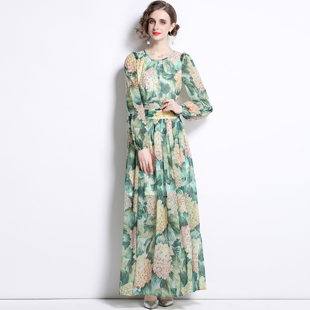 Temperament Chiffon Print Long-Sleeved Slim Long Skirt Green Crew Neck Dress