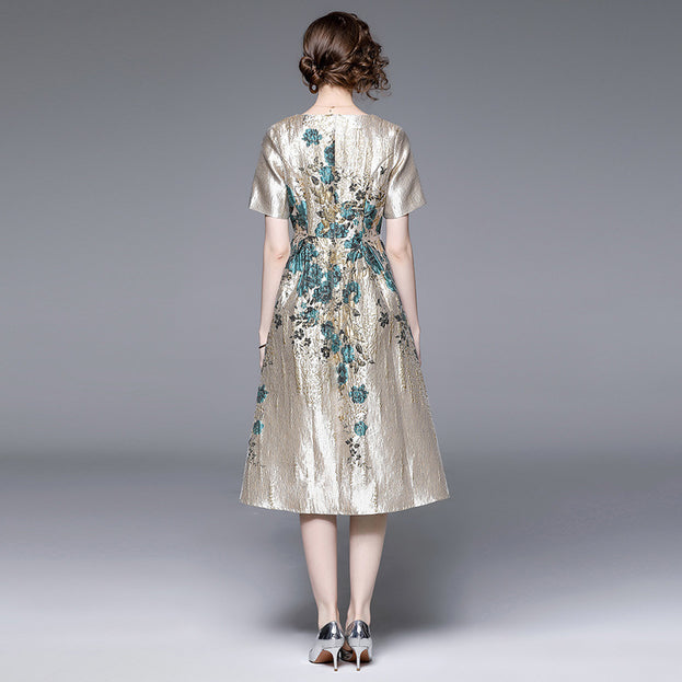 High Waist Big Swing Temperament Jacquard V-Neck Short Sleeve Slim Mid-Length Dress