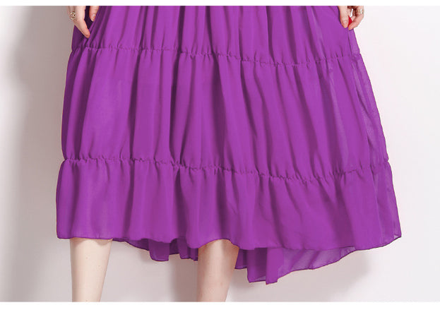 V-Neck Long Sleeved Solid Color Chiffon Waist Slimming Long Skirt Dress