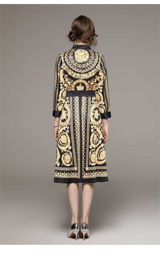 Fashion All Lap Closed Waist Slimming Positioning Palace Style Print Dress with Belt