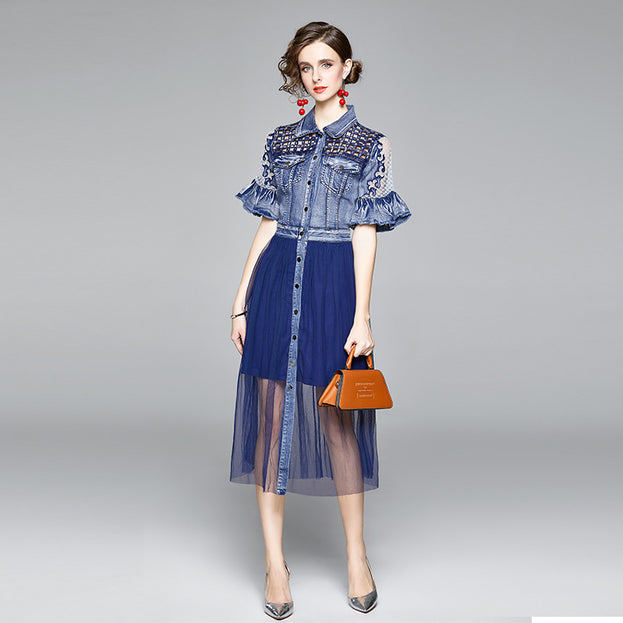 Hollowed Out Mesh Denim Stitching Slim Flared Sleeve Short Sleeve Mid-Length Dress