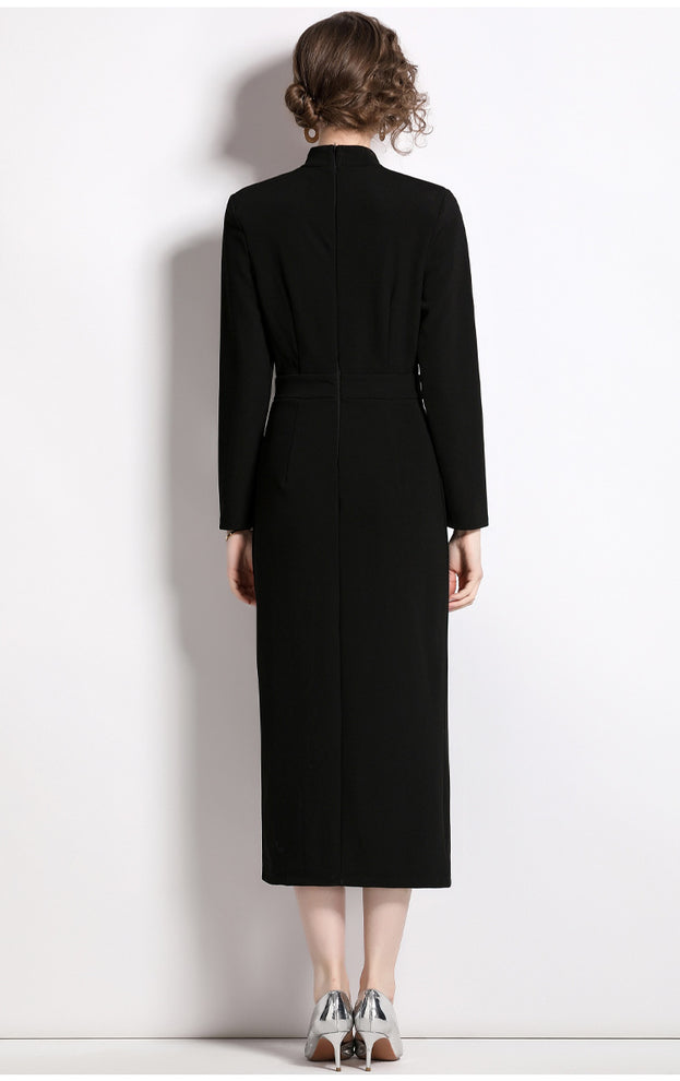 Bow Collar Long Sleeve Tucked Waist Buttons Dress
