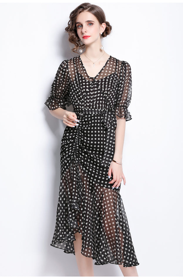 V-neck Lantern Sleeve Irregular Hem Polka Dot Dress