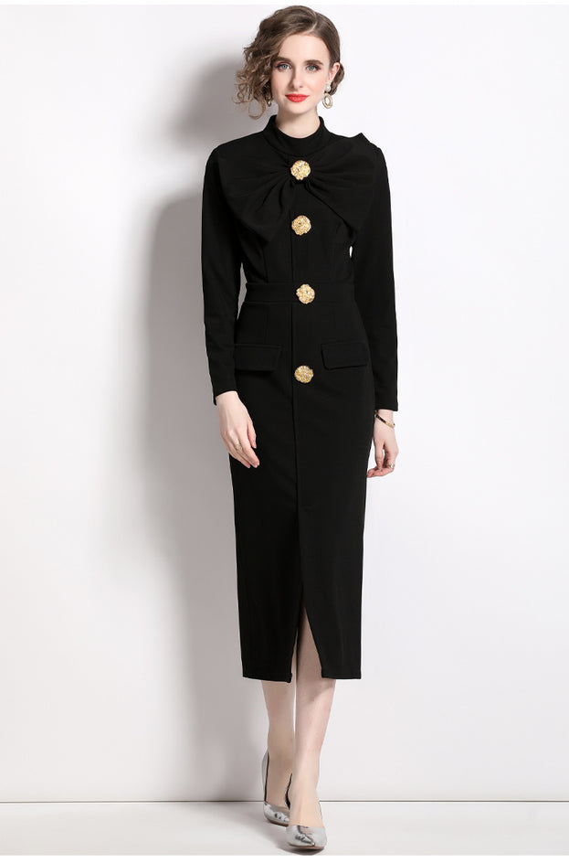 Bow Collar Long Sleeve Tucked Waist Buttons Dress