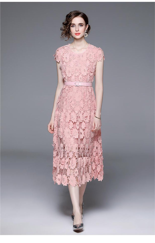 Women's Hollow Out Water-Soluble Flower Embroidery Round Neck Short Sleeve Solid Color Elegant Long Skirt Dress