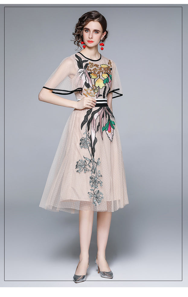 Embroidered Slim Waist Mesh Dress