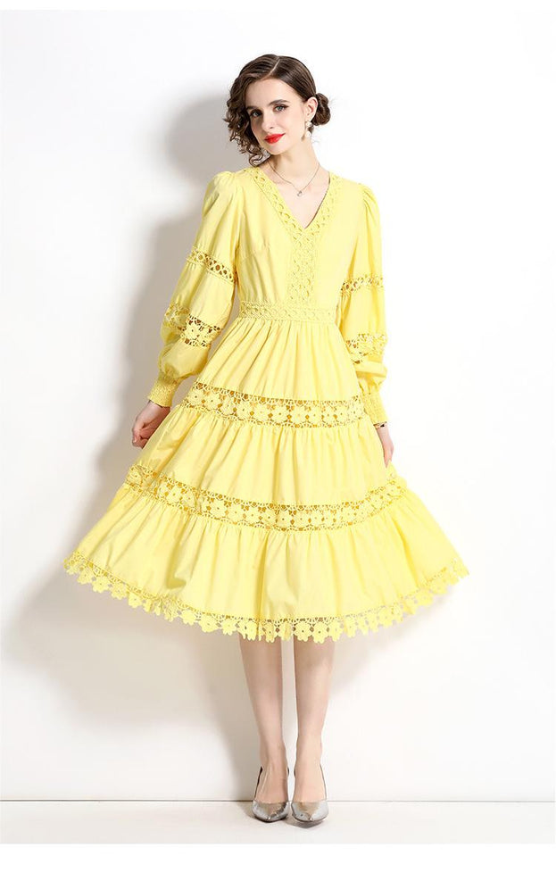 V-Neck Lantern Sleeve Temperament Water-Soluble Lace Stitching Mid-Length Dress