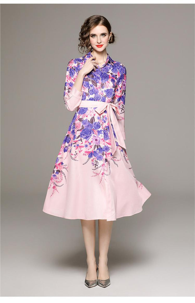 Fashion All-in-One Collection Waist Slimming Positioning Printed Dress with Belt