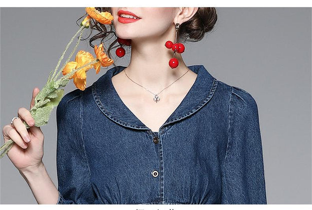 Vintage Long-Sleeved Tucked Waist Denim Patchwork Mesh Long Skirt Dress