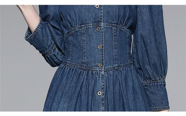Vintage Long-Sleeved Tucked Waist Denim Patchwork Mesh Long Skirt Dress