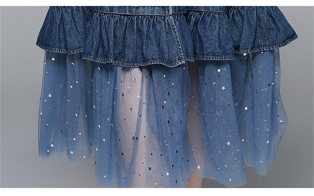 Vintage Long-Sleeved Tucked Waist Denim Patchwork Mesh Long Skirt Dress