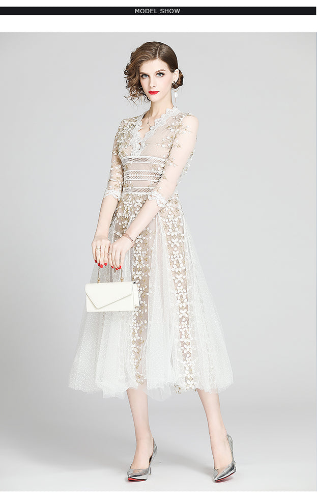 Slimming V-Neck Nine-Point Sleeved Long Skirt Dress
