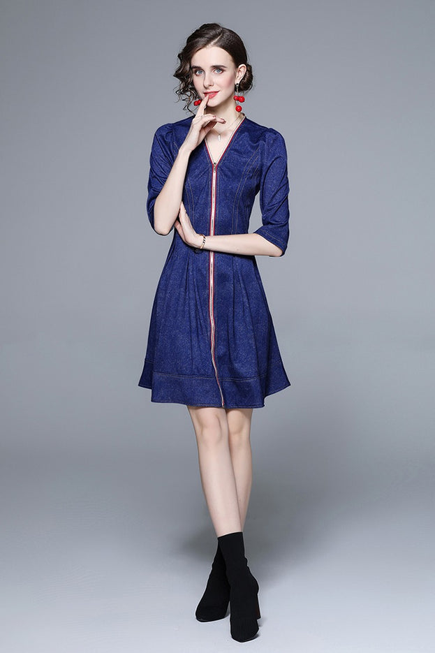 Middle Sleeve Zipper Down Denim Jacquard Dress