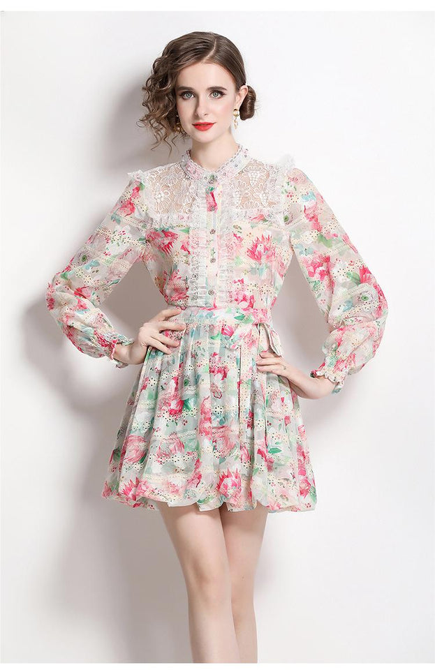 Fashion Printed Embroidery Patchwork Lace  Long-Sleeved Shirt Half Skirt Suit