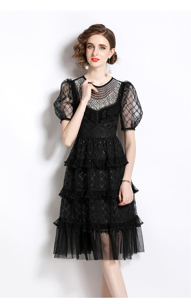 Temperament Fashion Gauze Beaded Piece Embroidered Bubble Sleeve Lace Cake Skirt Dress