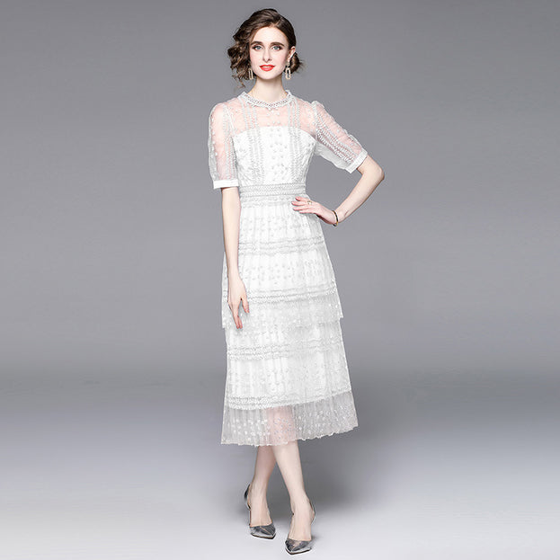 Lace Stitching Mesh Embroidered Crewneck Sexy Short Sleeved Long Skirt Slim Dress