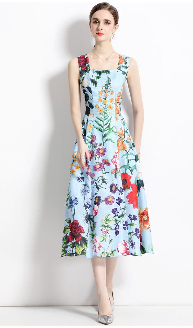 Vintage Print Sleeveless High-Waisted Dress with Slim Waist and Full Skirt