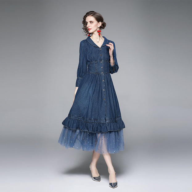 Vintage Long-Sleeved Tucked Waist Denim Patchwork Mesh Long Skirt Dress