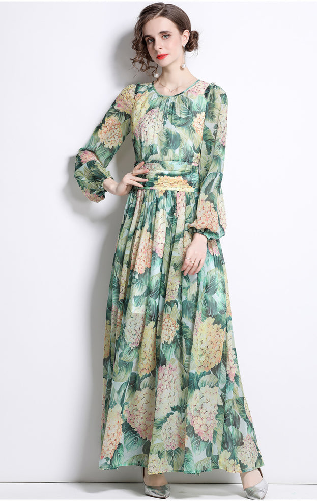 Temperament Chiffon Print Long-Sleeved Slim Long Skirt Green Crew Neck Dress