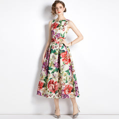Vintage Print Sleeveless High-Waisted Dress