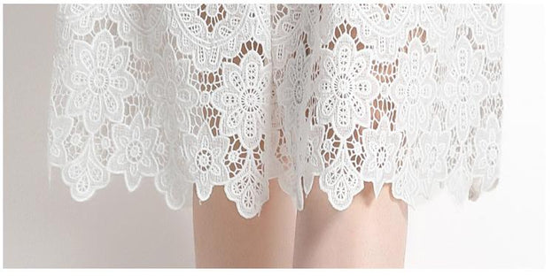 Water-Soluble Floral Embroidery Hollowed Out Lace Collar Short Sleeve Tucked Waist Slimming Dress