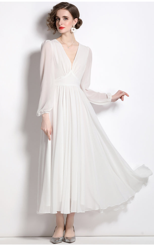 Temperament Retro Style Slimming White Dress Long-Sleeved V-Neck Skirt