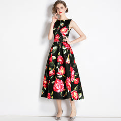 Vintage Print Sleeveless High-Waisted Dress