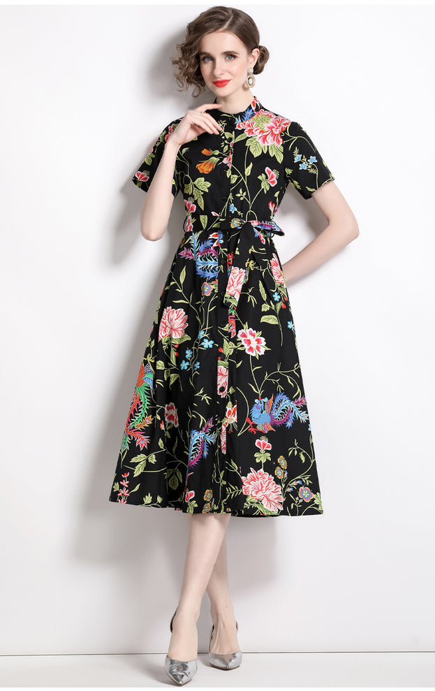 Vintage Printed Short-Sleeved Slim-Fit Mid-Length Large-Swing Dress